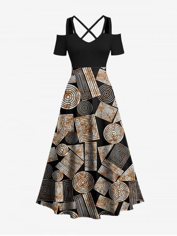 Vintage Ethnic Geometric Graphic Print Hawaii Cold Shoulder Crisscross Strappy A Line Dress - BROWN - S