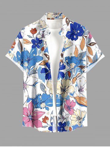 Chemise hawaïenne à motif floral et feuilles avec poche boutonnée pour homme - BLUE - M