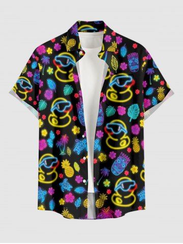 Chemise hawaïenne pour homme, imprimé néon cocotier, canard, ananas, tortue et fleurs, à boutons et poche. - BLACK - 6XL