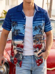 Chemise hawaïenne pour homme à motif d'arbres de coco, voitures, fleurs d'hibiscus et feuilles tropicales, avec boutons et poche - Cadetblue 3XL