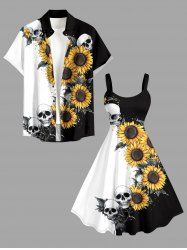 Tenue de plage hawaïenne assortie pour couple avec imprimé crânes et tournesols - Noir 