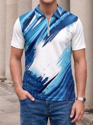 Brush Painting Print Hawaii Zipper Polo Shirt For Men -  