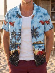 Chemise hawaïenne pour homme à imprimé paysage marin (cocotiers, voitures, vagues), avec boutons et poche - Bleu clair 3XL