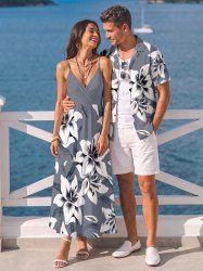 Flower Leaf Print Matching Hawaii Beach Outfit For Couples -  