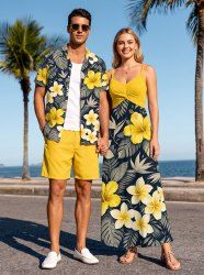 Tropical Leaf Hibiscus Flower Print Matching Hawaii Beach Outfit For Couples -  