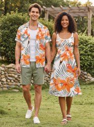 Imprimé fleurs et feuilles tropicales - Tenue de plage hawaïenne assortie pour couple - Orange 