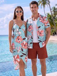 Tenue de plage hawaïenne assortie pour couples à imprimé fleurs et feuilles d'hibiscus - Bleu clair 