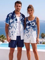 Matching Hawaii Shirt and Romper Beach Outfit Flower Leaf Print For Couples -  