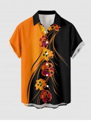 Chemise hawaïenne pour homme à imprimé fleurs colorblock, boutons et poche - Orange 3XL
