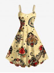 Robe débardeur Hawaii à imprimé crâne, fleur, papillon, tigre et pastèque(bretelles ajustables) - café lumière XXS