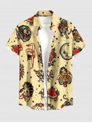 Skull Flower Butterfly Tiger Watermelon Print Buttons Pocket Hawaii Shirt For Men -  