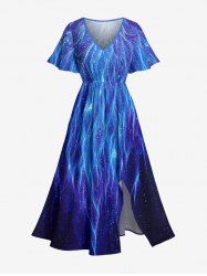 Robe Midi Hawaii à fente, imprimé 3D Flamme de Feu Galaxy Glitter - Bleu 3X