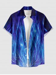Chemise hawaïenne pour homme avec impression 3D de flammes et de galaxies pailletées, boutons et poche - Bleu 3XL