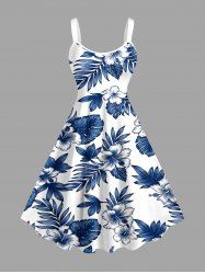 Robe débardeur Hawaii imprimé fleurs d'hibiscus et feuilles tropicales (bretelles ajustables) - Bleu XXS