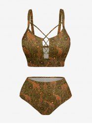 Giraffe Ethnic Floral Print Lace Up Panel Hawaii Tankini Swimsuit -  