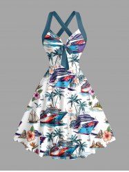 Coconut Tree Sun Ship Flowers Leaf Print Crisscross Straps Bowknot Hawaii Tank Dress -  