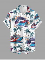 Coconut Tree Sun Ship Flowers Leaf Print Buttons Pocket Hawaii Shirt For Men -  