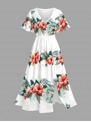 Hibiscus Flower Tropical Leaf Print Split Hawaii Midi Dress -  