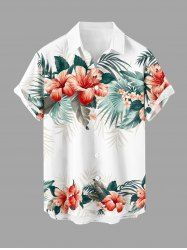 Chemise hawaïenne pour homme - imprimé fleur d'hibiscus et feuilles tropicales, boutons et poche - Blanc 3XL