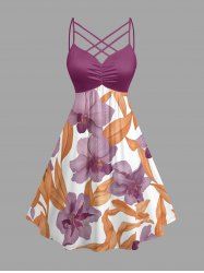 Robe trapèze imprimé fleurs et feuilles tropicales Hawaï, froncée, à bretelles entrecroisées - Violet Terne 6X