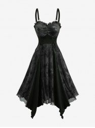 Robe camisole à ourlet mouchoir, imprimé fleur tie-dye, froncée, lacée, patchwork - Gris M