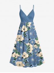 Robe trapèze hawaïenne à imprimé fleurs et feuilles d'hibiscus, décolleté croisé - Bleu Ciel XS
