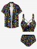 Tankini hawaïen à lacets avec imprimé néon cocotier, canard, ananas, tortue et fleurs (bretelles ajustables) - Noir 2X