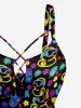 Tankini hawaïen à lacets avec imprimé néon cocotier, canard, ananas, tortue et fleurs (bretelles ajustables) - Noir 2X