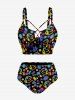 Tankini hawaïen à lacets avec imprimé néon cocotier, canard, ananas, tortue et fleurs (bretelles ajustables) - Noir 2X