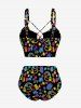 Tankini hawaïen à lacets avec imprimé néon cocotier, canard, ananas, tortue et fleurs (bretelles ajustables) - Noir 2X