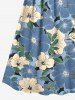 Robe trapèze hawaïenne à imprimé fleurs et feuilles d'hibiscus, décolleté croisé - Bleu Ciel XS