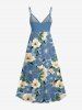 Robe trapèze hawaïenne à imprimé fleurs et feuilles d'hibiscus, décolleté croisé - Bleu Ciel XS