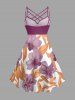 Robe trapèze imprimé fleurs et feuilles tropicales Hawaï, froncée, à bretelles entrecroisées - Violet Terne 6X