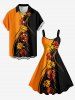 Chemise hawaïenne pour homme à imprimé fleurs colorblock, boutons et poche - Orange 3XL