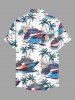 Chemise hawaïenne pour homme - Imprimé cocotier, soleil, bateau, fleurs et feuilles - Boutons et poche - Paon Bleu 3XL
