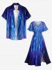 Robe Midi Hawaii à fente, imprimé 3D Flamme de Feu Galaxy Glitter - Bleu 3X