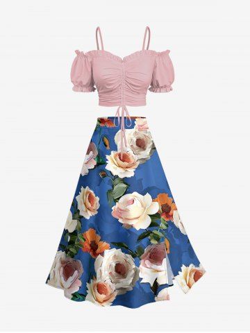 Ensemble coordonné : top ajusté unicolore et jupe trapèze fendue hawaïenne imprimée feuilles et fleurs - LIGHT PINK