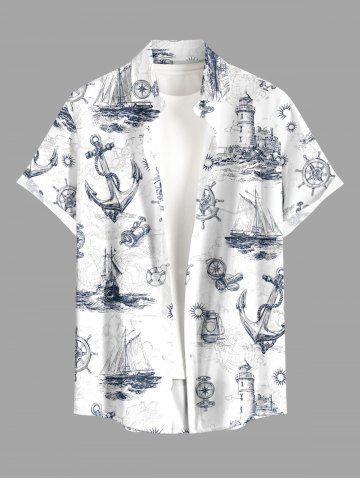 Chemise hawaïenne homme - motif navire, gouvernail, ancre, phare, croisière - boutons et poche - WHITE - S