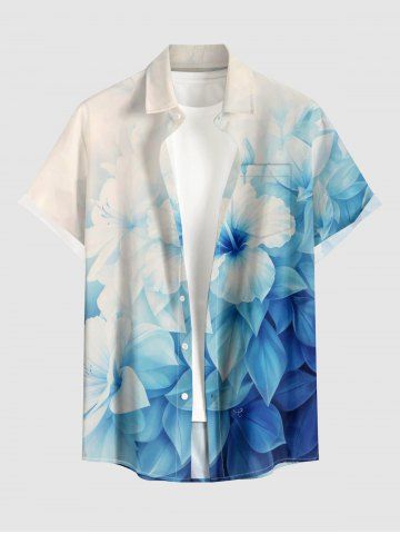 Chemise hawaïenne pour homme à boutons et poche, imprimé ombré de fleurs et feuilles d'hibiscus