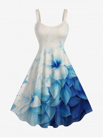Robe A-Ligne Imprimé Ombre Hibiscus Fleur et Feuille Hawaï - BLUE - XXS