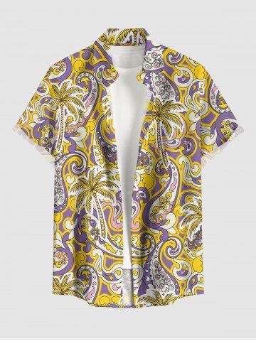 Coconut Tree Flower Paisley Print Hawaii Button Pocket Shirt For Men - PURPLE - M