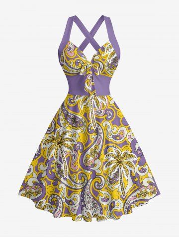 Robe trapèze Hawaï à imprimé fleur de cocotier et motifs paisley, avec décolleté halter et lanières entrecroisées - PURPLE - XS