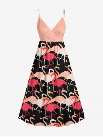 Flamingo Print Hawaii Surplice A Line Dress - ROSE - XXS