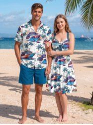 Motif cocotier, soleil, bateau, fleurs et feuilles tenue assortie de plage hawaïenne pour couples - Paon Bleu 