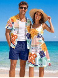 Coconut Tree Sun Flower Print Matching Hawaii Beach Outfit For Couples -  