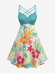 Hibiscus Flower Leaf Coral Turtle Dolphin Print Hawaii Ruched Crisscross Strappy A Line Dress -  