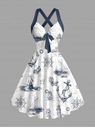 Robe débardeur Hawaii à imprimé bateau gouvernail ancre phare croisière, avec bretelles croisées et nœud - Blanc XXL
