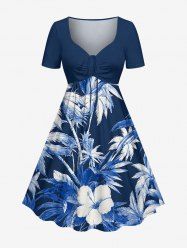 Robe Hawaii imprimée cocotier et fleur d'hibiscus, cintrée - Bleu profond S