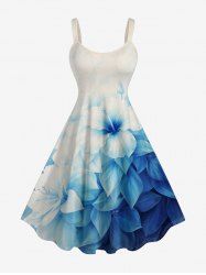 Robe trapèze Hawaii à imprimé dégradé d'hibiscus et feuilles - Bleu 3X