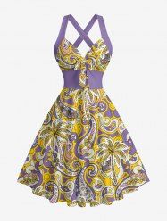 Robe trapèze Hawaii à imprimé fleur de cocotier et paisley, halter à bretelles entrecroisées - Pourpre  M